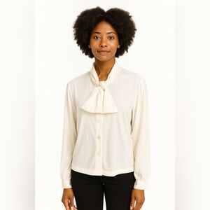 Vtg 70s off white polyester bow tie blouse